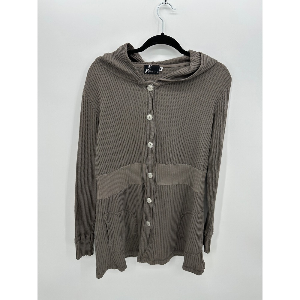 Fenini Taupe Waffle Knit Button Front Hooded Cardigan Jacket Artsy Sz Medium